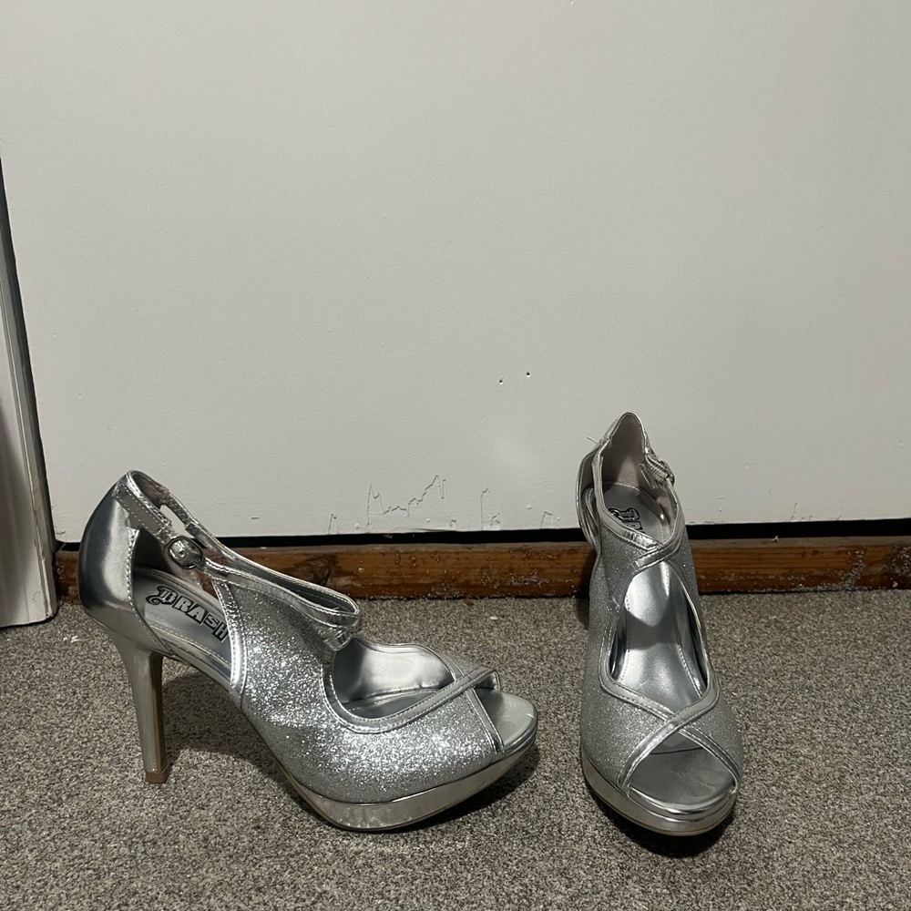 Silver peep front heels